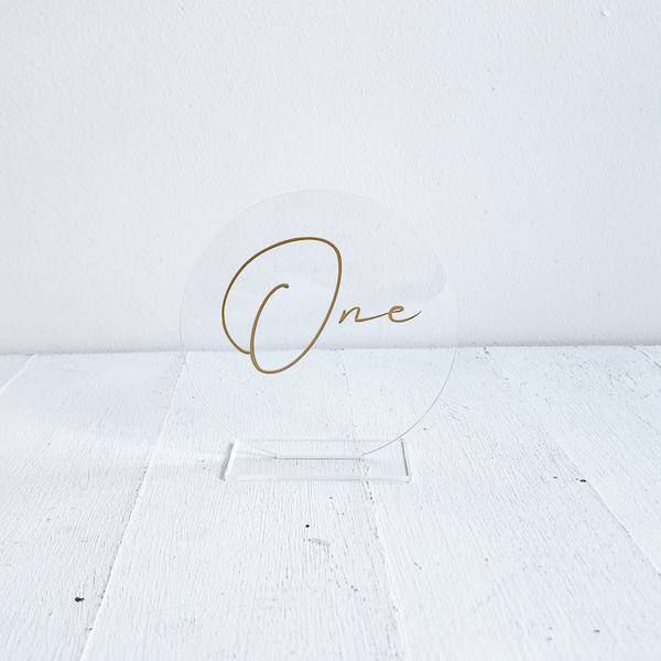 Round Perspex Table Number - Clear/Gold
